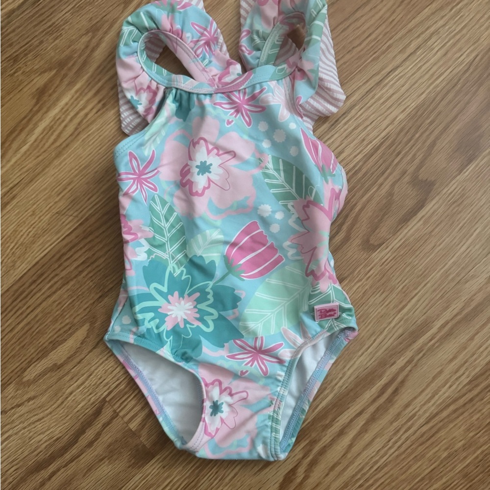 Ruffle Butts White and Pink Tag on piece swim